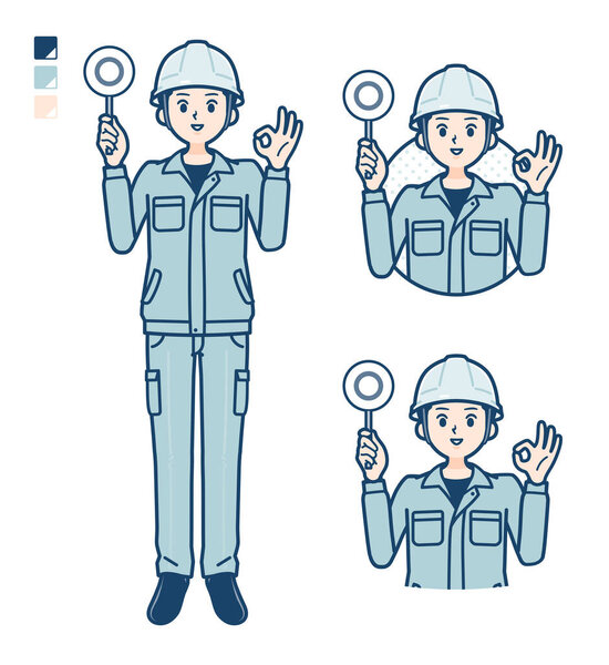 A Man wearing workwear with Put out a circle panel image