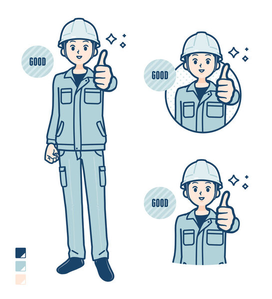 A Man wearing workwear with Thumbs up images