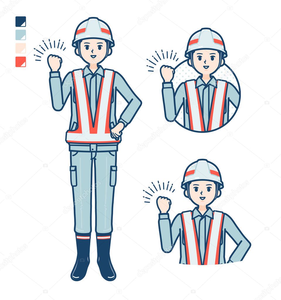 A Man wearing workwear with fist pump images