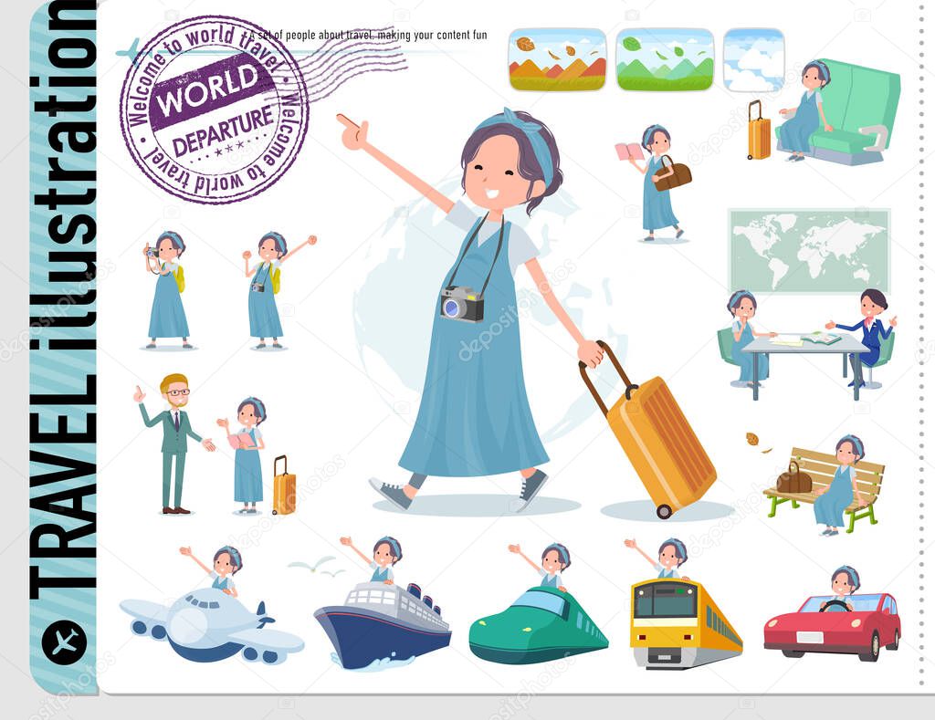 A set of Pregnant Women on travel.There are also vehicles such as boats and airplanes.It's vector art so it's easy to edit.