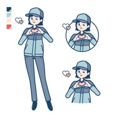 İş kıyafeti giyen ve kalp sembolü çizen bir kadın.