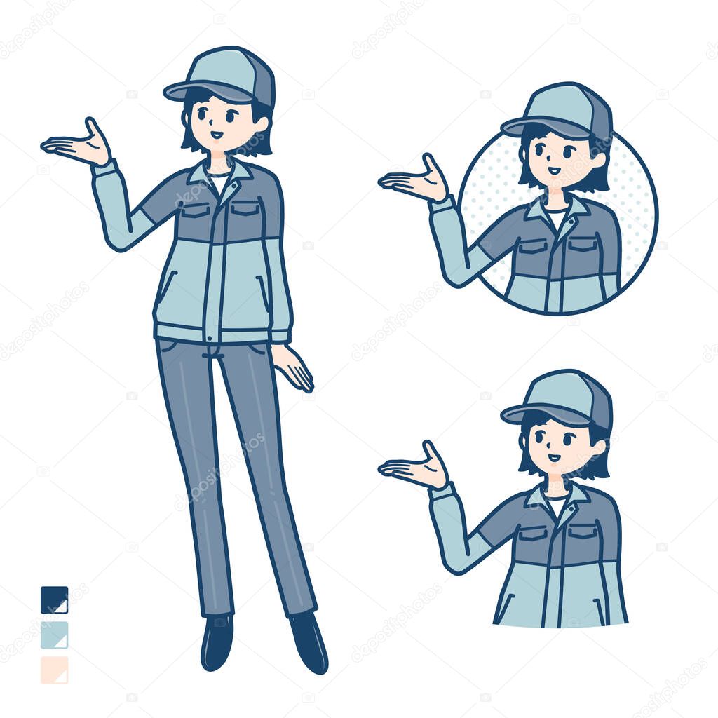 A woman wearing workwear with Explanation image