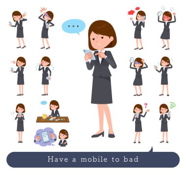 Akıllı telefon kullanarak mutsuzluğa giden bir grup kadın. Bağımlılık ve olumsuz duygular var. Bu vektör sanatı, bu yüzden düzenlemek kolay..