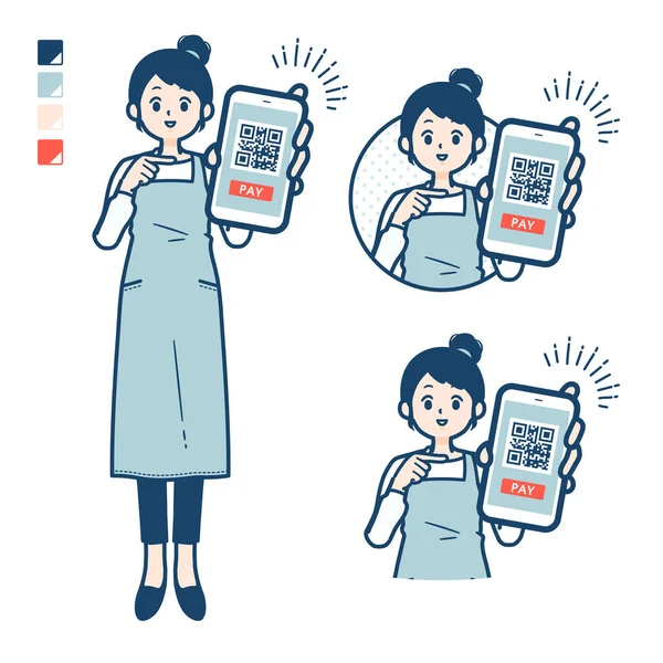 Kvinna Ett Förkläde Med Kontantlös Betalning Smartphone Bilder — Stock vektor