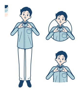 Elle kalp sembolü yapan gömlekli bir adam.