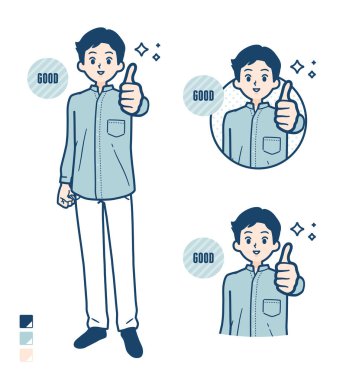 Tişörtlü ve resimlerini başparmaklarıyla yukarı kaldıran adam.