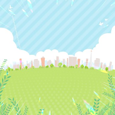 Parlak bir yaz şehri. Kare boyutunda. Düzenlemesi kolay bir vektör sanatı..