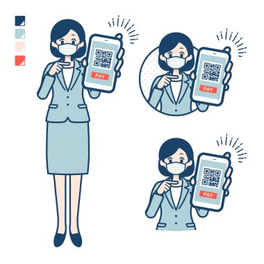 İş kadını, akıllı telefon görüntüleri için maske takıyor.