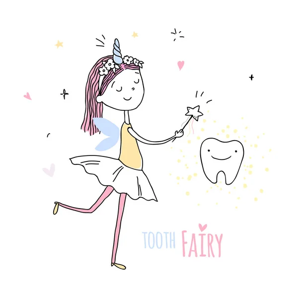 Smiling tooth fairy. Cute little happy fairy girl with tooth. Hand drawn vector cartoon doodle illustration — Stock Vector