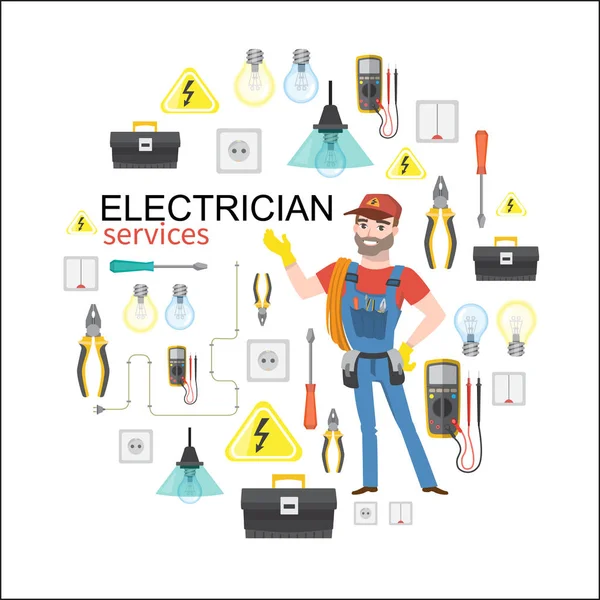 Υπηρεσίες ηλεκτρολόγων. Επαγγελματικό ηλεκτρολόγο infographics εγκατάσταση εργαλεία ηλεκτρικής ενέργειας — Διανυσματικό Αρχείο