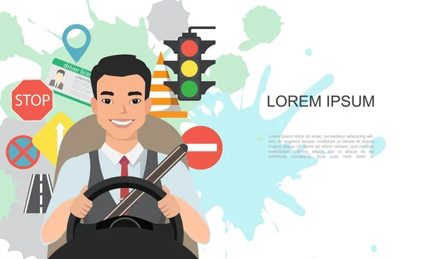 Banner illustration av road symboler och asiatiska man driver karaktär — Stock vektor