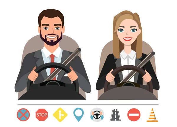 Empresário e empresária dirigindo um carro. Silhueta de uma mulher e um homem que se senta ao volante —  Vetores de Stock