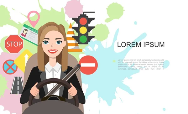 Ilustración de pancartas de empresarias conduciendo un coche. Conjunto de símbolos de carretera y carácter de conductor mujer — Vector de stock