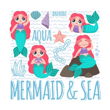 Pembe saçlı güzel deniz kızları kümesi. Lol bebek. Vektör çizimler.