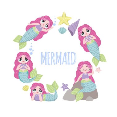 Pembe saçlı güzel deniz kızları kümesi. Lol bebek. Vektör çizimler.