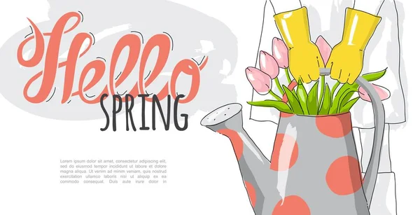 Olá cartão de saudação primavera. Ilustração desenhada à mão com flores de primavera em regar vintage pode . — Vetor de Stock