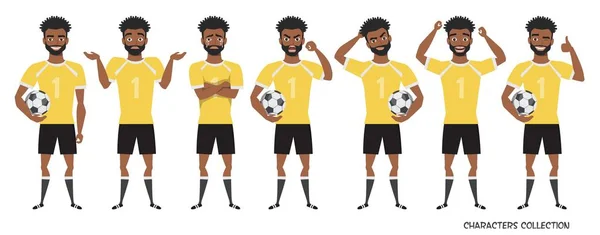 Ποδοσφαιρικός χαρακτήρας. μαύρο αφρικανικό αμερικανικό ποδόσφαιρο παίκτες διαφορετικές στάσεις, συναισθήματα που — Διανυσματικό Αρχείο