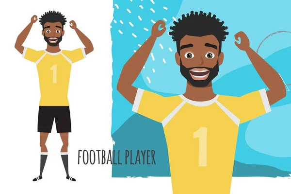 Μαύρο αφρικανικό αμερικανικό ποδόσφαιρο χαρακτήρα. Παίκτης ποδοσφαίρου. Συναίσθημα της χαράς και του glee για το πρόσωπο του ανθρώπου. — Διανυσματικό Αρχείο