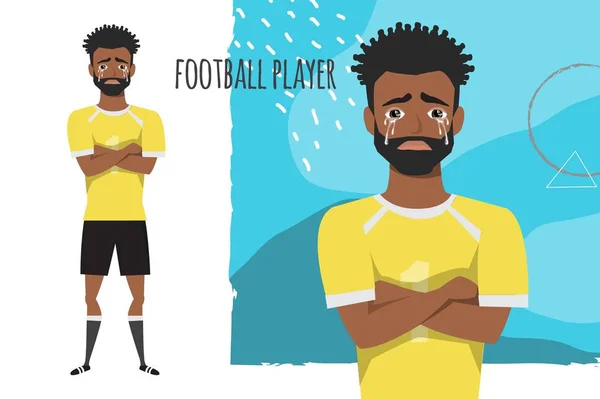 Το μαύρο αφρικανική αμερικανική ποδοσφαιριστής σταυρωμένα χέρια και κραυγές. Mans δάκρυα και κατάθλιψη. Το συναίσθημα της απογοήτευσης και θλίψη στο πρόσωπο παίκτης ποδοσφαίρου. Το αρσενικό ήταν κλάμα — Διανυσματικό Αρχείο