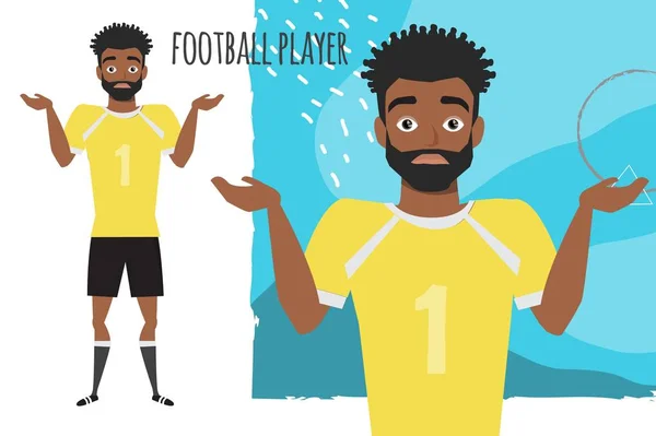 Νέοι μαύρο αφρικανικό αμερικανικό ποδόσφαιρο player αμφιβολία, όχι ιδέες. Συναισθήματος, αβεβαιότητα και σύγχυση στο πρόσωπο παίκτης ποδοσφαίρου — Διανυσματικό Αρχείο