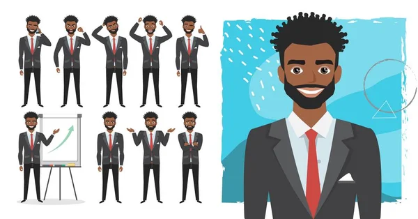 Homem de negócios negro afro-americano. Conjunto de emoções — Vetor de Stock