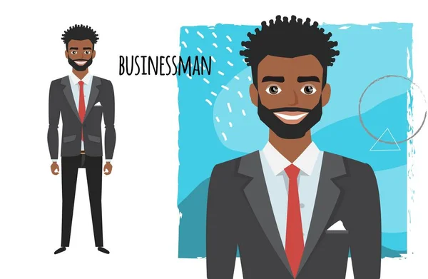 Empresário negro afro-americano com barba em traje formal. Retrato de comprimento total dos desenhos animados Empresário. Personagem para manipulação e animação — Vetor de Stock
