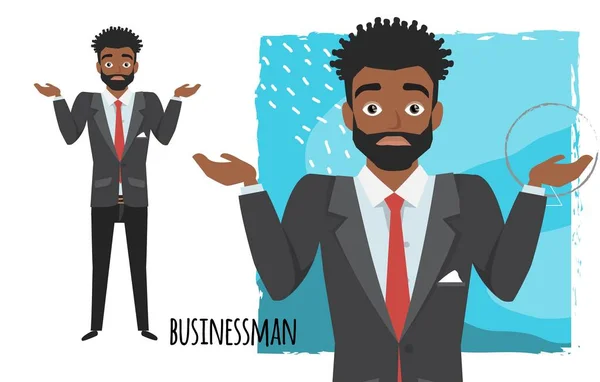 Joven afroamericano negro hombre de negocios duda, sin ideas. Emoción de incertidumbre y confusión en la cara del chico — Archivo Imágenes Vectoriales
