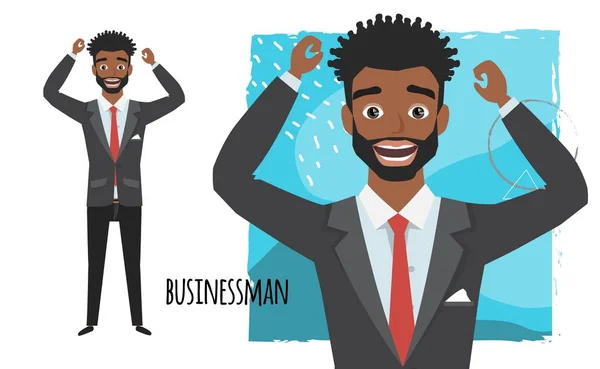 L'uomo d'affari afroamericano nero è felice e sorridente. Emozione di gioia e gioia sul volto dell'uomo — Vettoriale Stock