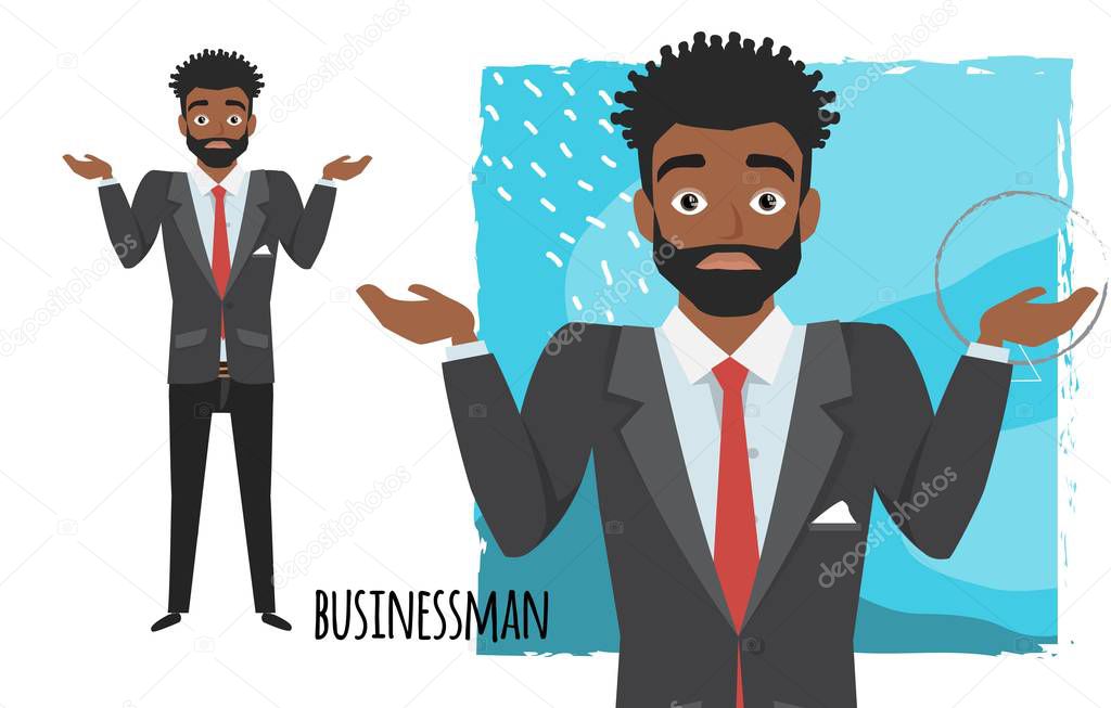 Young black african american businessman doubt, no ideas. Emotion of uncertainty and confusion on guy face