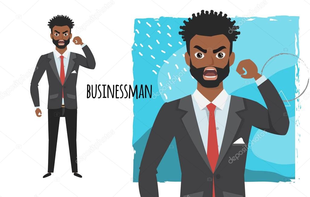 The evil black african american businessman threatens with his hand. Angry men. Negative Emotions. Bad Days. Bad Mood Stressful men