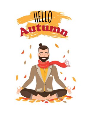 Eşarp ve kelime merhaba sonbahar ile Vektör illüstrasyon karakter tasarım adam. Sonbahar parkında yoga yapan genç adam