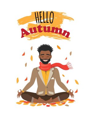 Vektör illüstrasyon karakter tasarımı atkı ve kelime merhaba sonbahar ile güzel siyah afrikalı-amerikalı adam. Sonbahar parkında yoga yapan genç adam