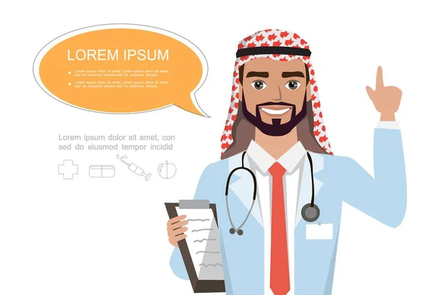 Vacker arabisk manlig läkare höja fingret för att ge råd eller rekommendation. Sjukhus arbetare som talar med pratbubbla och håller Urklipp. — Stock vektor