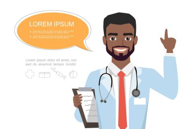 Yakışıklı siyah afro-amerikan erkek doktor tavsiye veya tavsiye vermek için parmağını kaldırarak. Hastane çalışanı konuşma balonu ve holding panosu ile konuşma.
