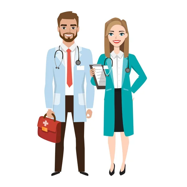 Skupina lékařů. Přátelský muž a žena lékaři. Vektorová ilustrace kreslených postav — Stockový vektor