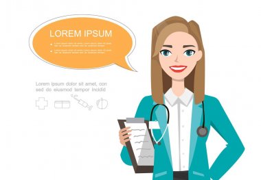 Dost kadın doktor gülümsüyor. Hastane çalışanı konuşma balonu ve holding panosu ile konuşma.