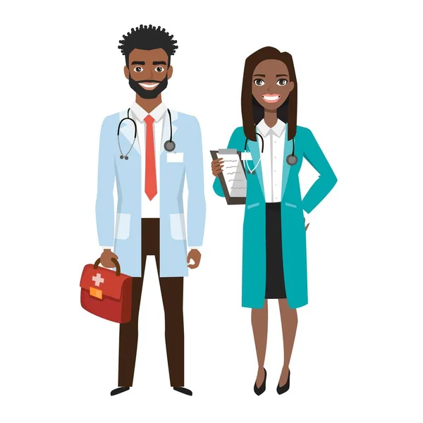 Skupina lékařů. Přátelský černý Afričan mužský a ženský lékař. Vektorová ilustrace kreslených postav — Stockový vektor