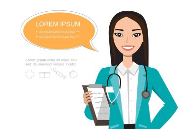 Dost asyalı kadın doktor gülümsüyor. Hastane çalışanı konuşma balonu ve holding panosu ile konuşma.