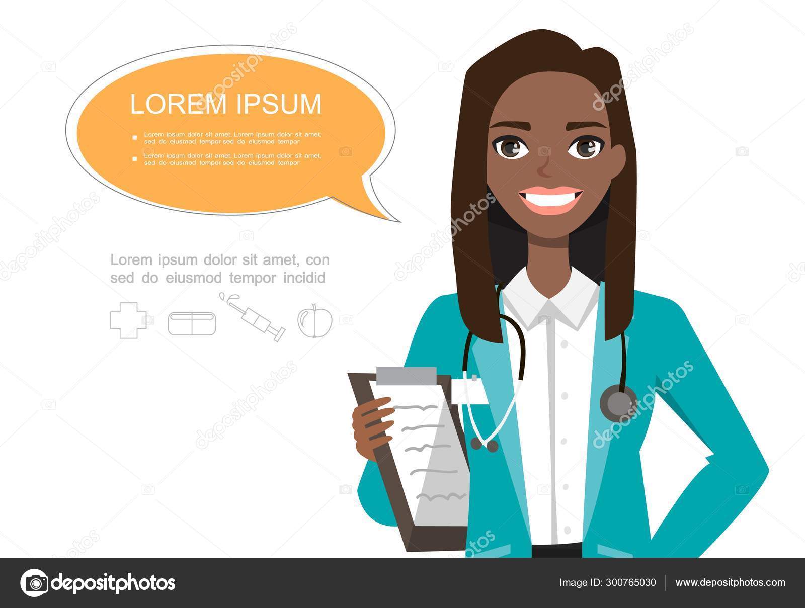 Friendly black african american female doctor smiling. Hospital worker speaking with speech bubble and holding clipboard. Stock Vector Image by ©kkn2118 #300765030 Friendly black african american female doctor smiling. Hospital worker speaking with speech bubble and holding clipboard. Stock Vector Image by ©kkn2118 #300765030