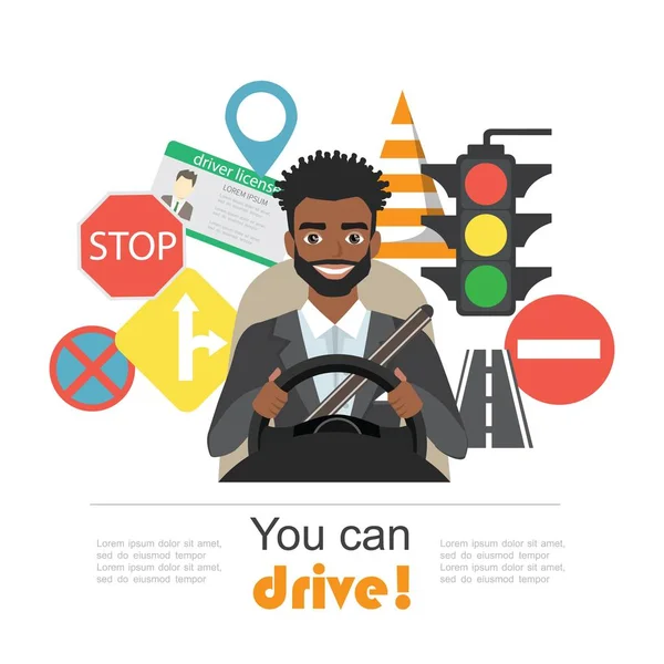 Yol semboller ve Afro-Amerikan zenci sürücü karakter kümesi — Stok Vektör