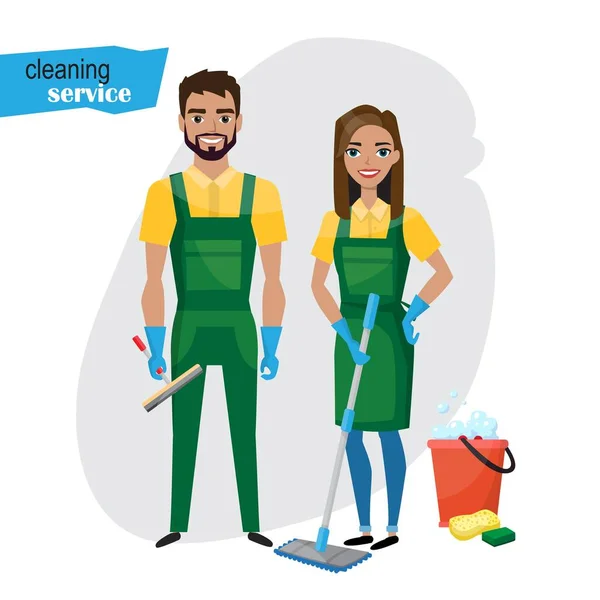 Equipo de limpiadores profesionales. Una joven pareja sonriente sostiene herramientas de limpieza. Ilustración vectorial de personajes de dibujos animados — Archivo Imágenes Vectoriales