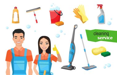 Profesyonel temizlik ekibi. Bir dizi temizlik malzemesi. Asyalı çizgi karakterlerin vektör illüstrasyonu