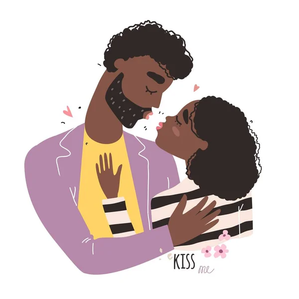 Světový den líbání. Romantický černošky africký americký pár v lásce líbání. — Stockový vektor