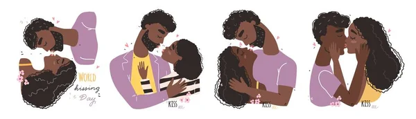 World kissing Day. Romantic black african american couple in love kissing. — Stock Vector