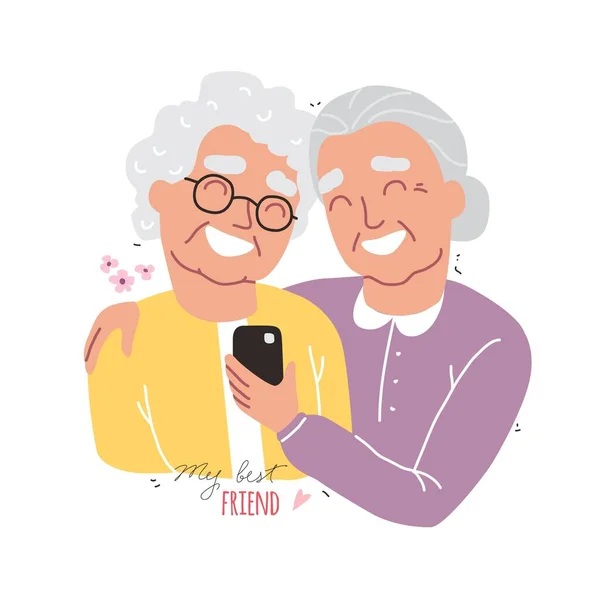 Portrait of smiling old womens. Happy friends holding each other. Happy friendship day. Old people with smartphone — Stock Vector