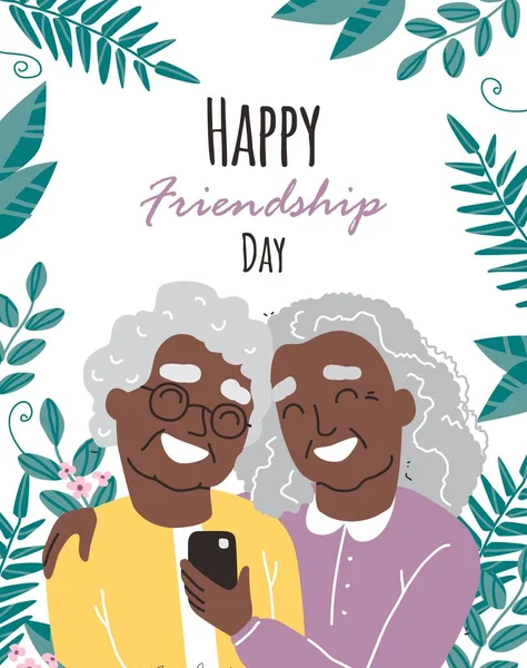 Gülümseyen siyah Afrikalı Amerikalı yaşlı kadınların portresi. Mutlu arkadaşlar birbirini kollar. Dostluk günün kutlu olsun. Akıllı telefonu olan yaşlı insanlar. — Stok Vektör