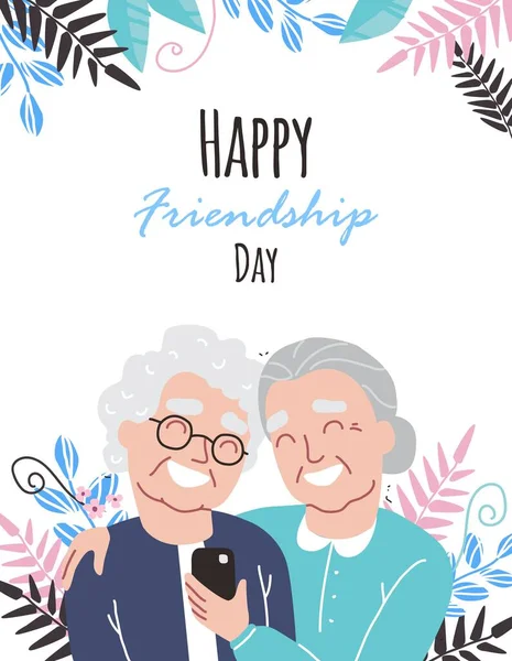 Retrato de ancianas sonrientes. Amigos felices abrazándose. Feliz día de la amistad. Personas mayores con smartphone — Archivo Imágenes Vectoriales
