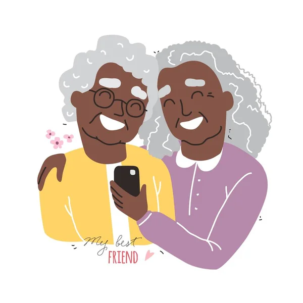 Retrato de mulheres negras afro-americanas sorridentes. Amigos felizes a abraçarem-se. Feliz dia de amizade. Pessoas idosas com smartphone — Vetor de Stock