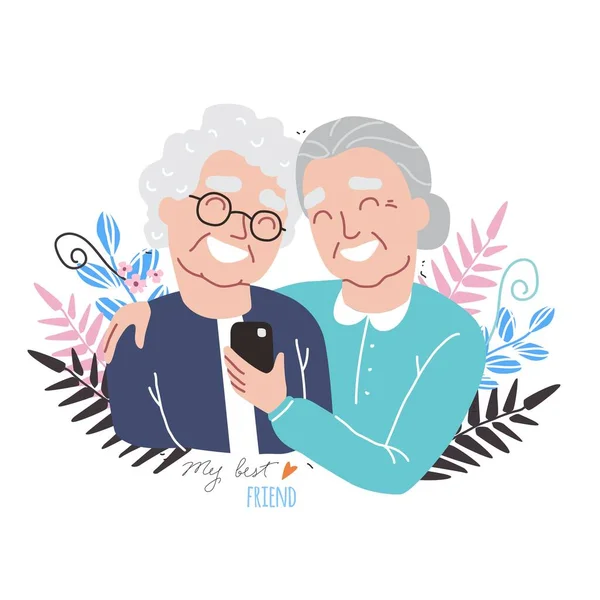 Retrato de ancianas sonrientes. Amigos felices abrazándose. Feliz día de la amistad. Personas mayores con smartphone — Vector de stock