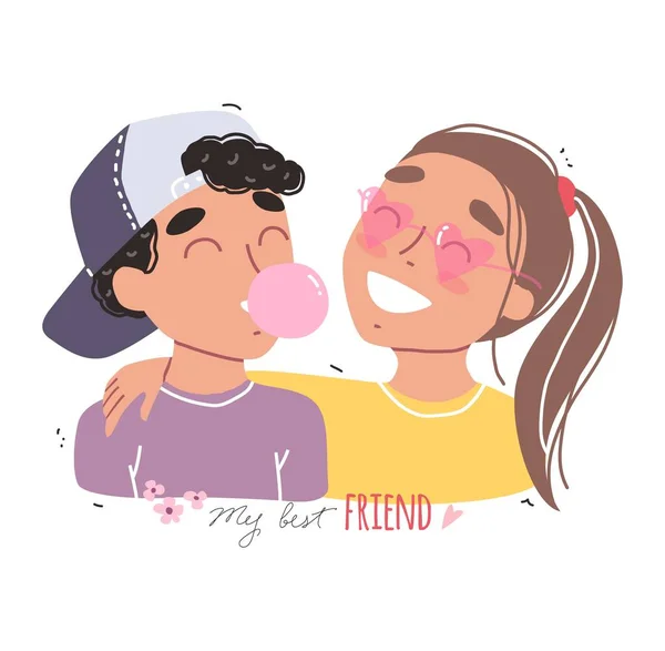 Happy Friendship Day Happy Friends Holding Each Other Portrait Smiling — Stock Vector